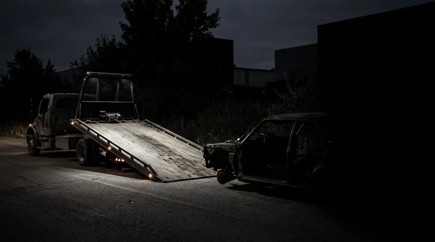 Remorqueuse chargeant une auto scrap dans la cour de Chambly