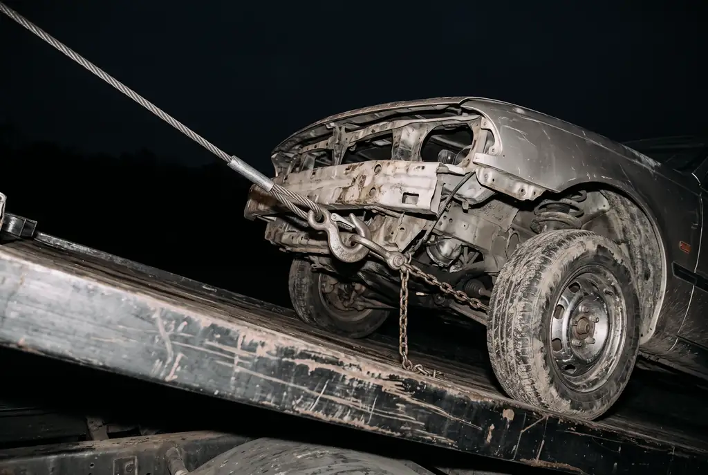 Treuil de remorqueuse chargeant une auto scrap